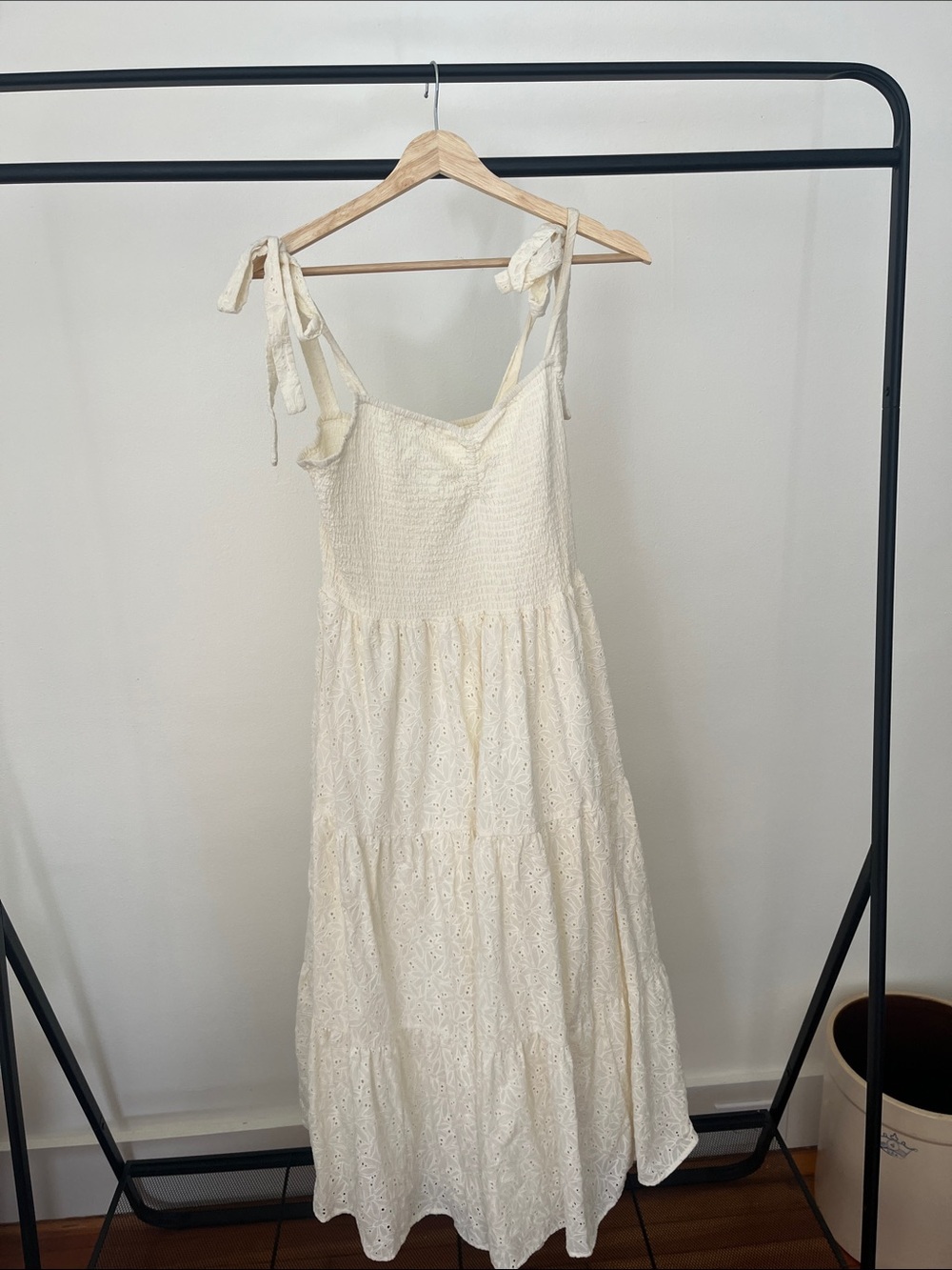 Madewell Eyelet Lucie Tie-Strap Tiered Midi Dress in Cream White - Picture 1 of 8